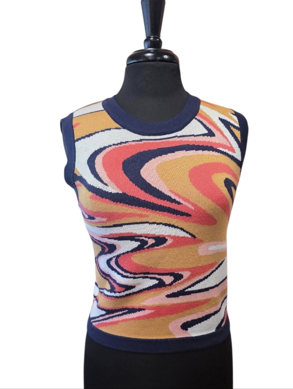 Anthropologie 4Sienna Sleeveless Sweater Multicolor Swirl Knit Tank Navy Trim
